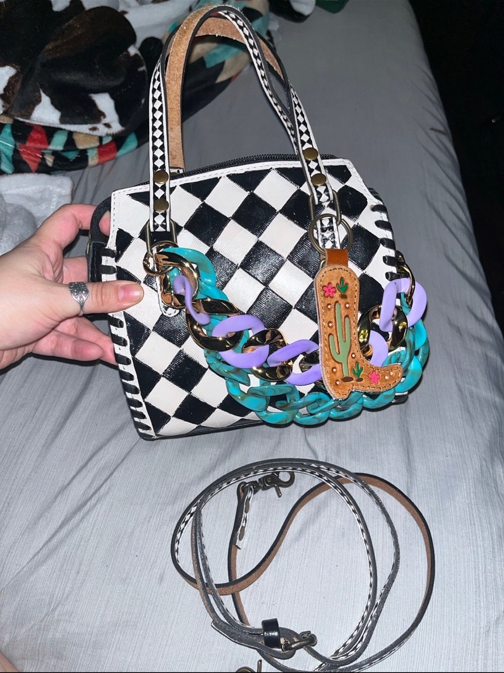 Black & White Checkered Women's Satchel with Colorful Chain Accent